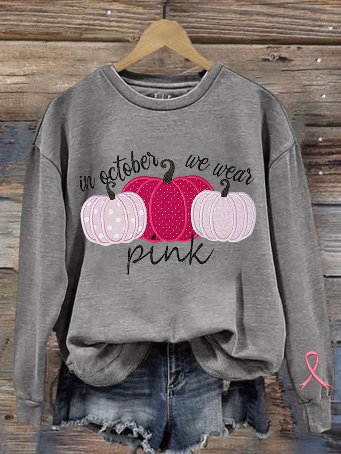 Women's Breast Cancer In October We Wear Pink Print Crew Neck Sweatshirt