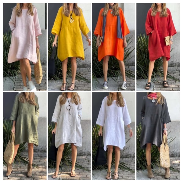💝Vestido casual de algodão e linho de cor sólida