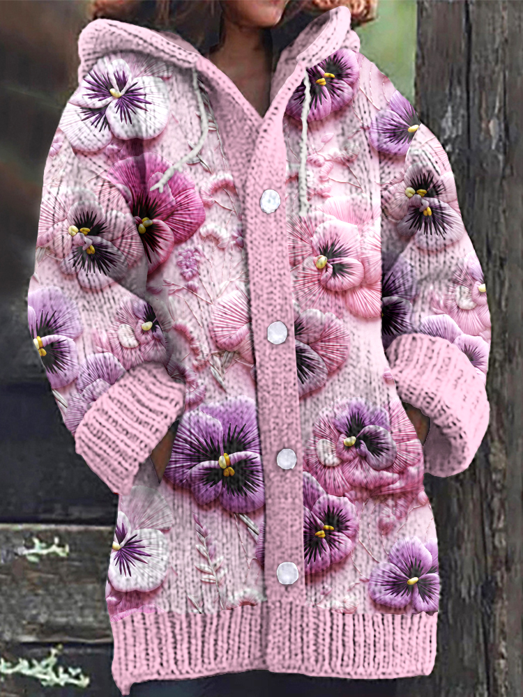Pansy Flower Bordado Padrão Cardigan Com Capuz Aconchegante