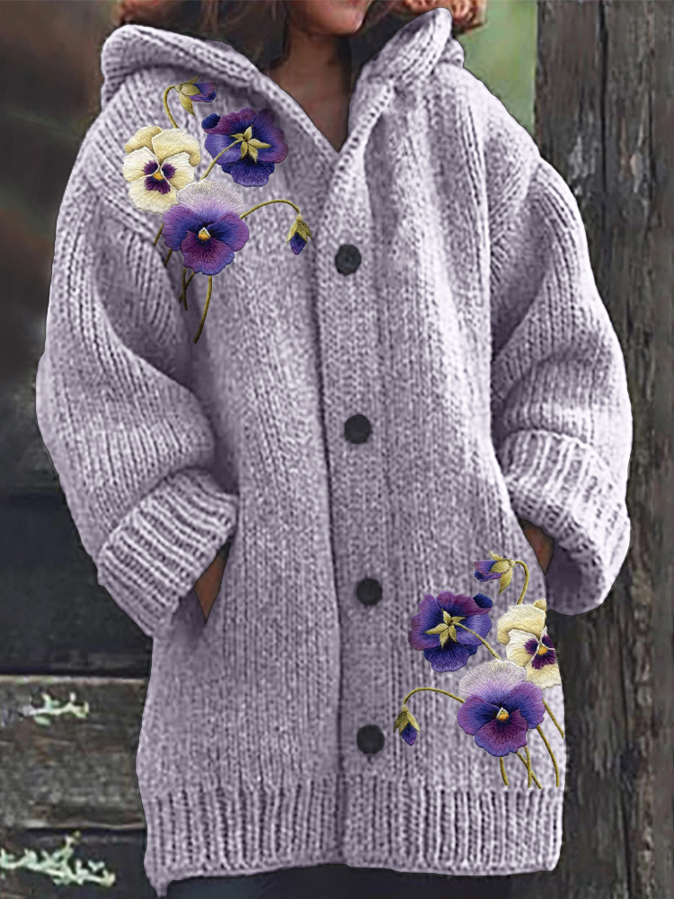 Pansy Flowers Bordado Cardigan de malha aconchegante com capuz