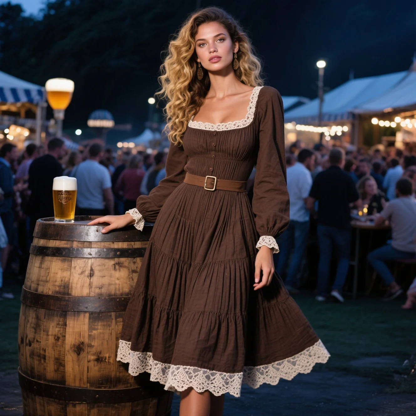 Vintage Country Women's Square Neck Lace Linen Long Sleeve Dress