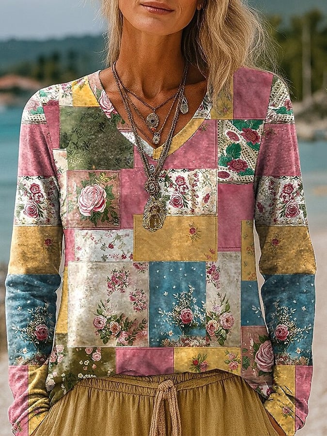 Women's Casual Pink Floral Print V-Neck Long Sleeve T-Shirt