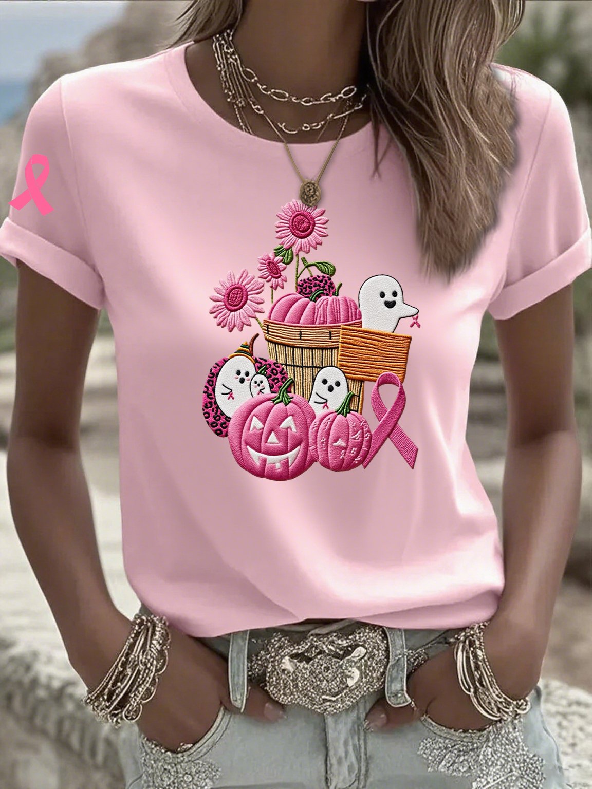 Women's Casual Pink Ghost Pumpkin T-Shirt