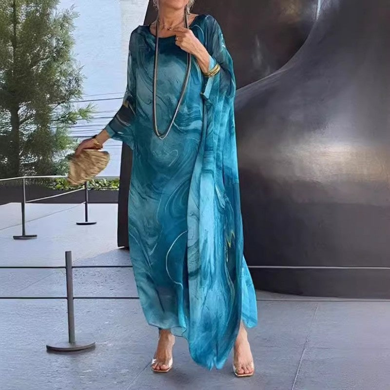 Vestido elegante em chiffon com padrão mármore