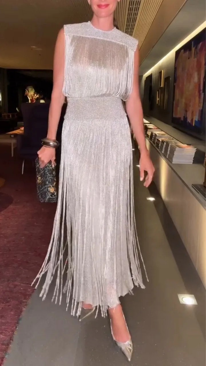 2025 Novo Elegante Vestido de Borla Festa Vestido Sem Mangas Conjunto de Duas Peças