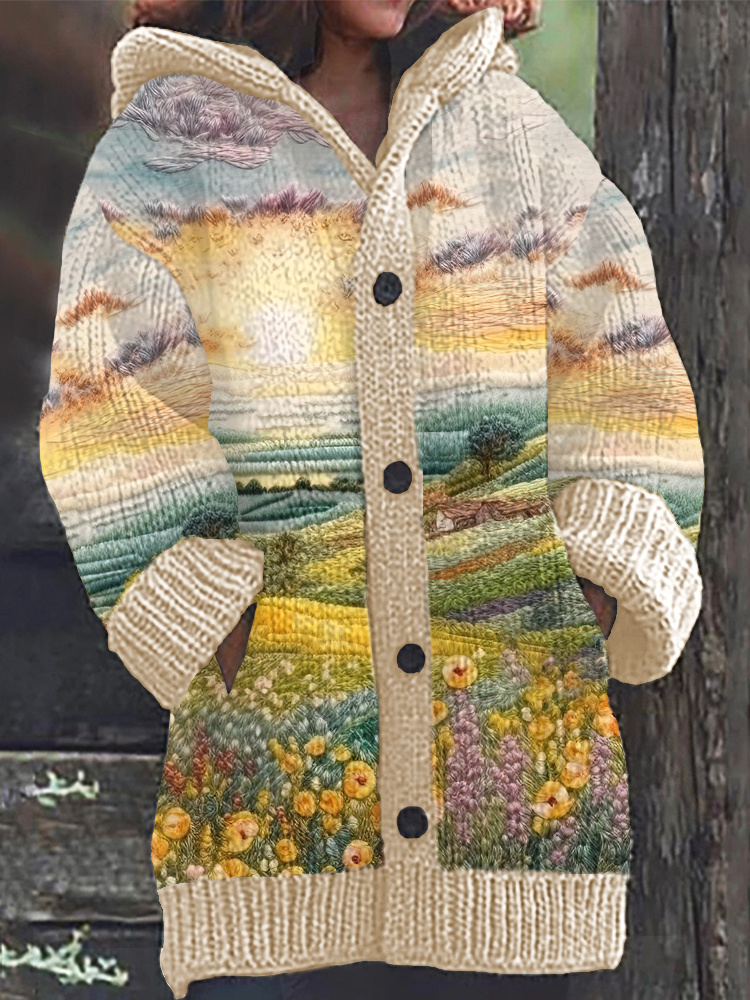 Bordado flor paisagem arte pintura aconchegante malha cardigan com capuz