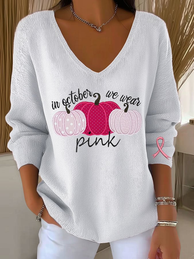 Women's Breast Cancer Pumpkin Print Casual Striped Fabric Long Sleeve T-Shirt