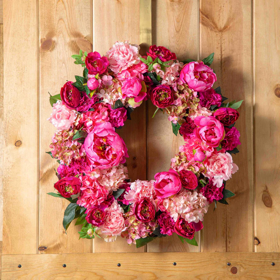 Flores coradas - grinalda de porta primavera-verão mista de hortênsias cor-de-rosa e peónias