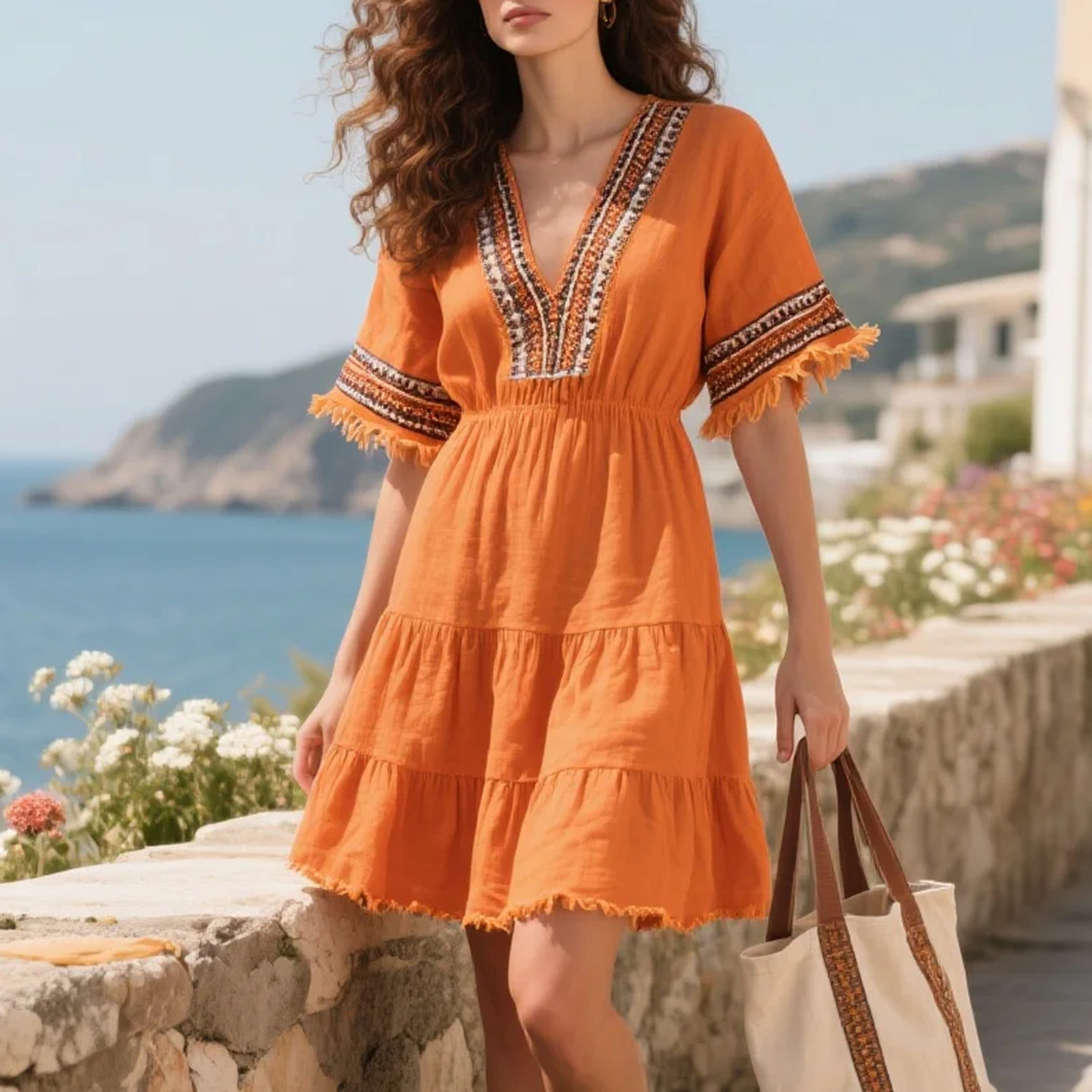 Women's Loose And Comfortable V-neck High Waist Cotton And Linen Ethnic Style Linen Long Sleeve Dress Short Skirt