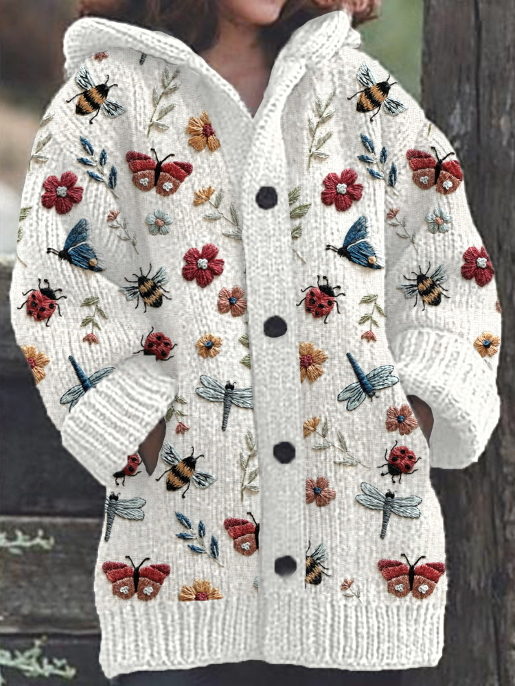 Cardigan com capuz de malha aconchegante com padrão de bordado floral de insetos