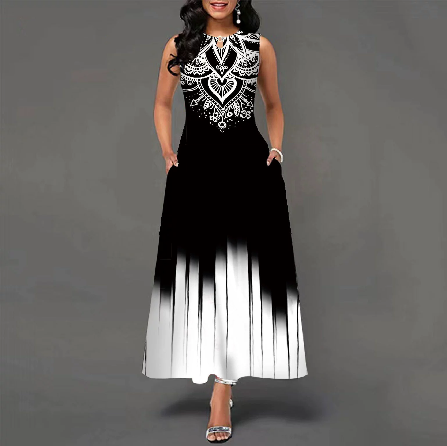 😎💃Novidades de Verão💥【Tamanhos S-5XL】Vestido Maxi Estampado Sem Mangas (Tamanhos Plus Size) | Confortável e Respirável, um Artigo Essencial para o Verão - WX-43#