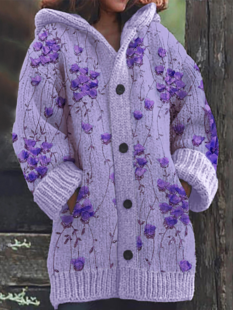 Cardigan com capuz de malha aconchegante com videiras florais roxas 3d e brilho