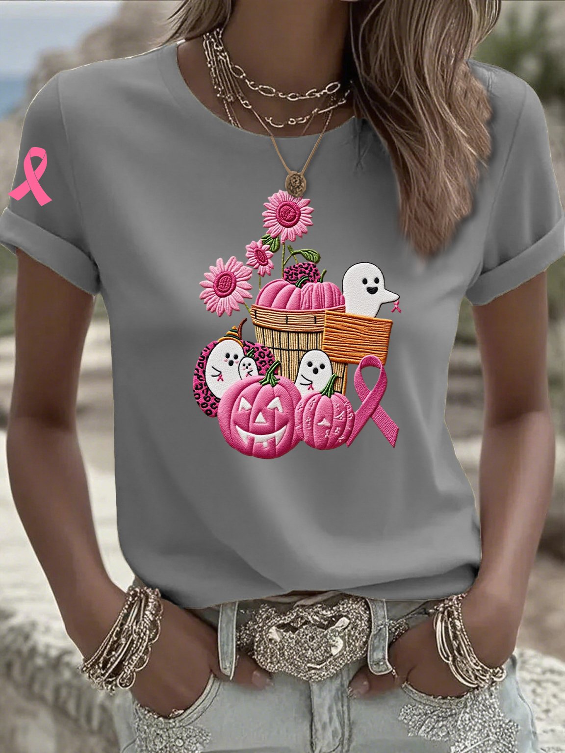 Women's Casual Pink Ghost Pumpkin T-Shirt