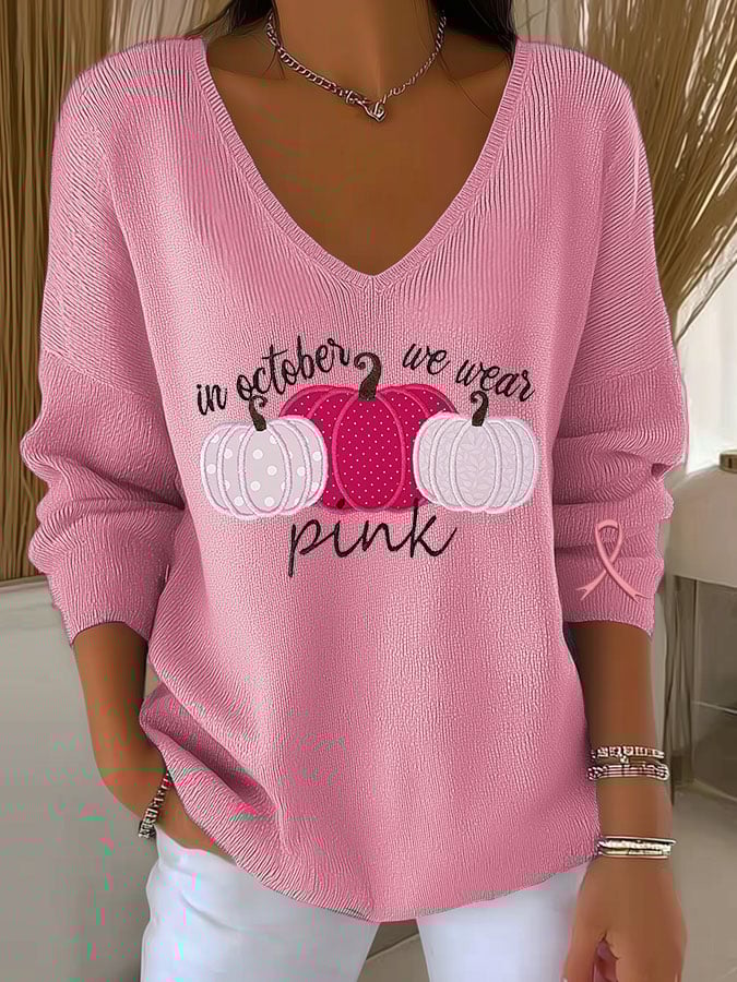 Women's Breast Cancer Pumpkin Print Casual Striped Fabric Long Sleeve T-Shirt