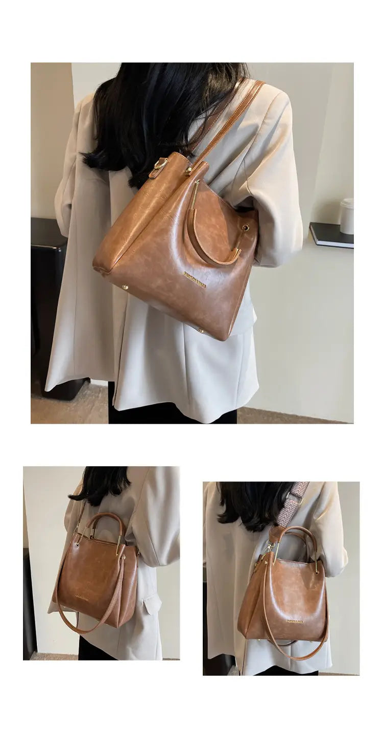 Bolsa Tote Retro Marrom Grande Capacidade com Ferragens Douradas