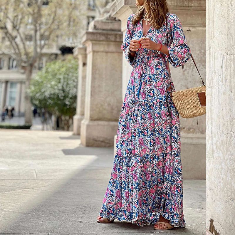 fashion v-neck long sleeve long bohemian dress