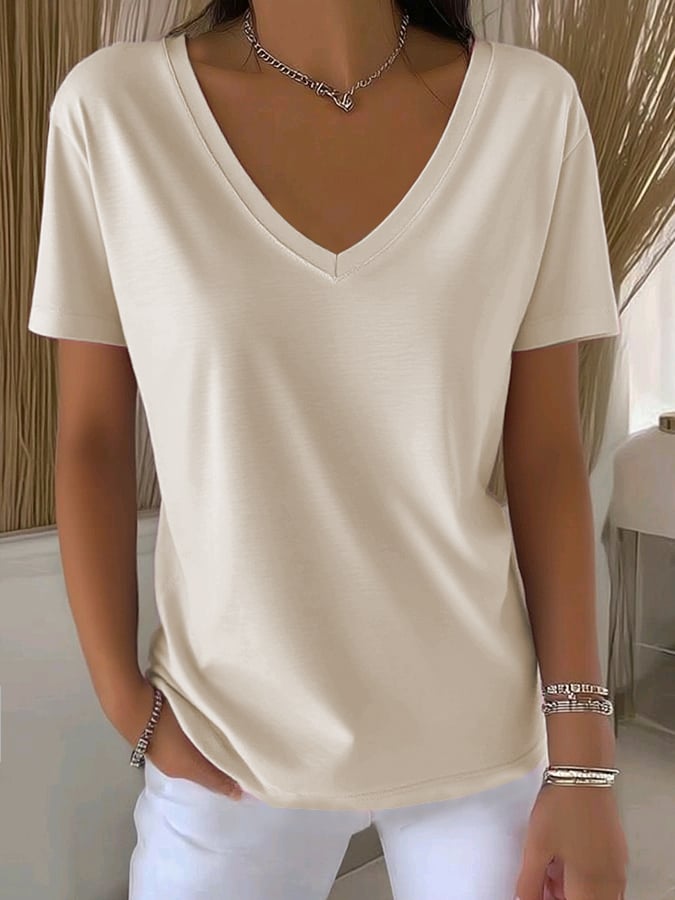 Women's Casual All-Match Solid Color V-Neck T-Shirt