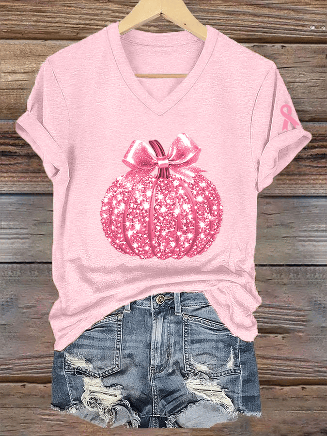 Women's Breast Cancer Sequined Pumpkin Print V-Neck T-Shirt