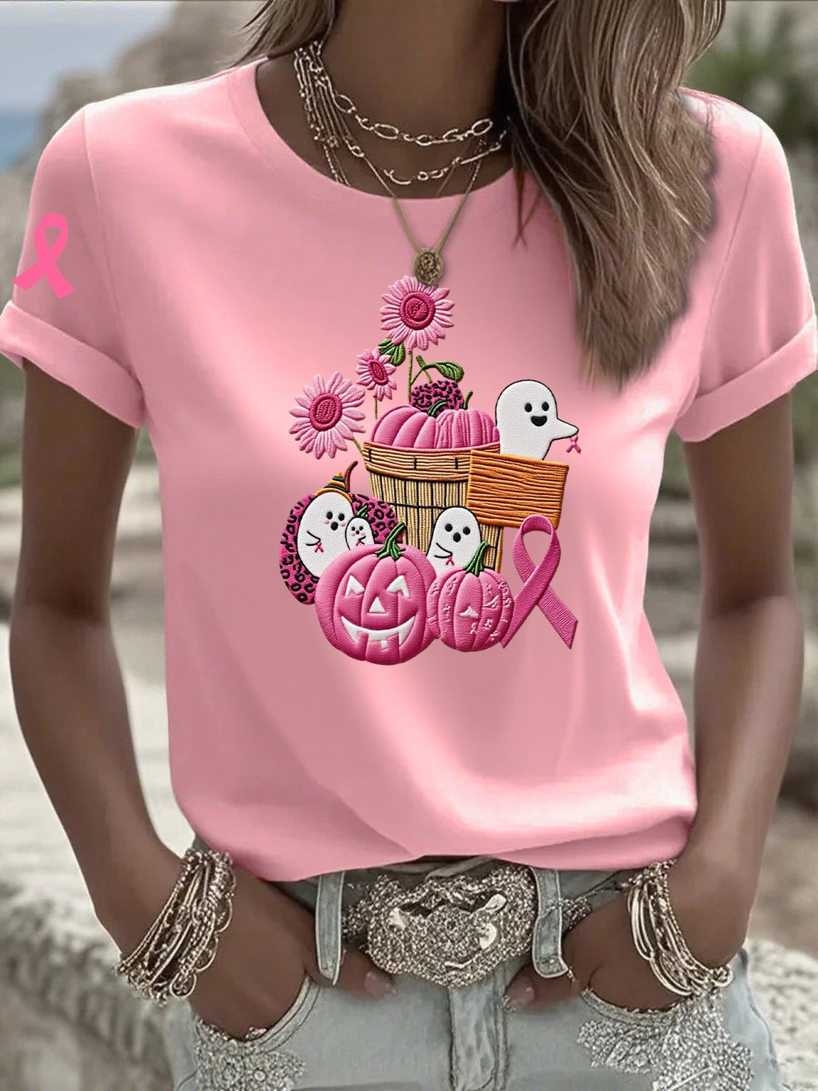 Women's Casual Pink Ghost Pumpkin T-Shirt