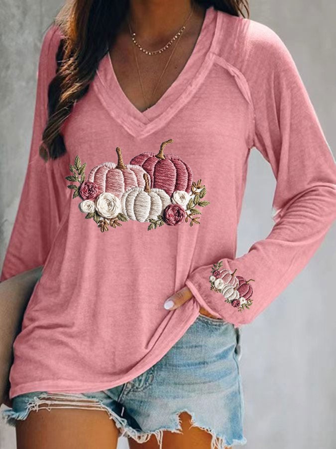 Women's casual pink pumpkin long-sleeved T-shirt