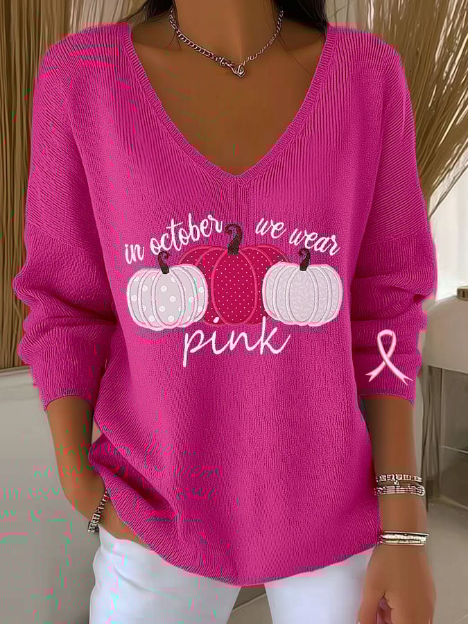 Women's Breast Cancer Pumpkin Print Casual Striped Fabric Long Sleeve T-Shirt