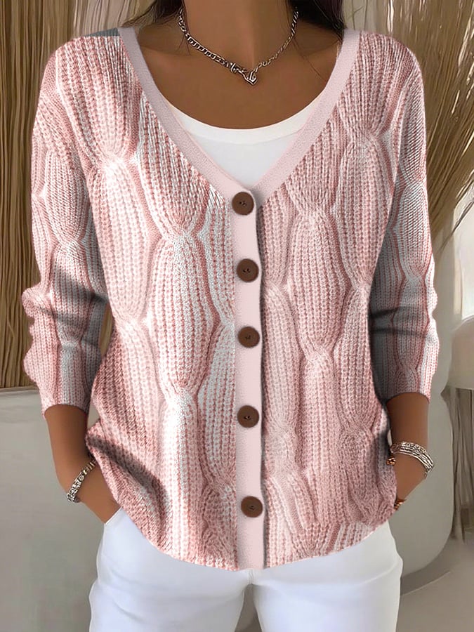 Women's Pink Print Knitted Cardigan