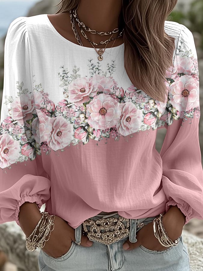 Women's Floral Print Round Neck Long Sleeve Linen Blend Shirt