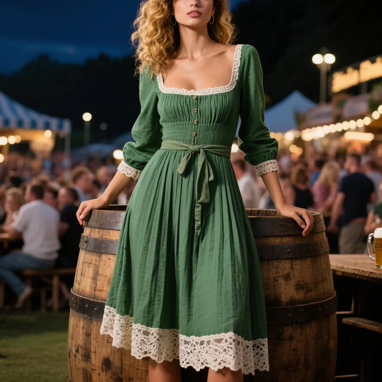 Vintage Country Women's Square Neck Lace Linen Long Sleeve Dress