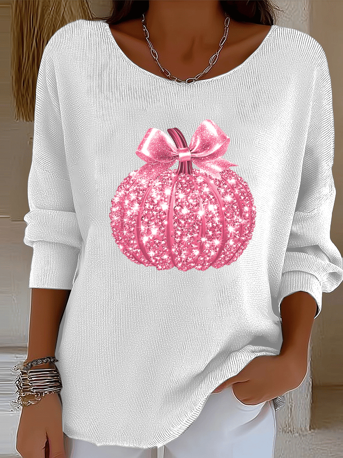 Women's Breast Cancer Awareness Sequined Pumpkin Print Ribbed Long Sleeve T-Shirt