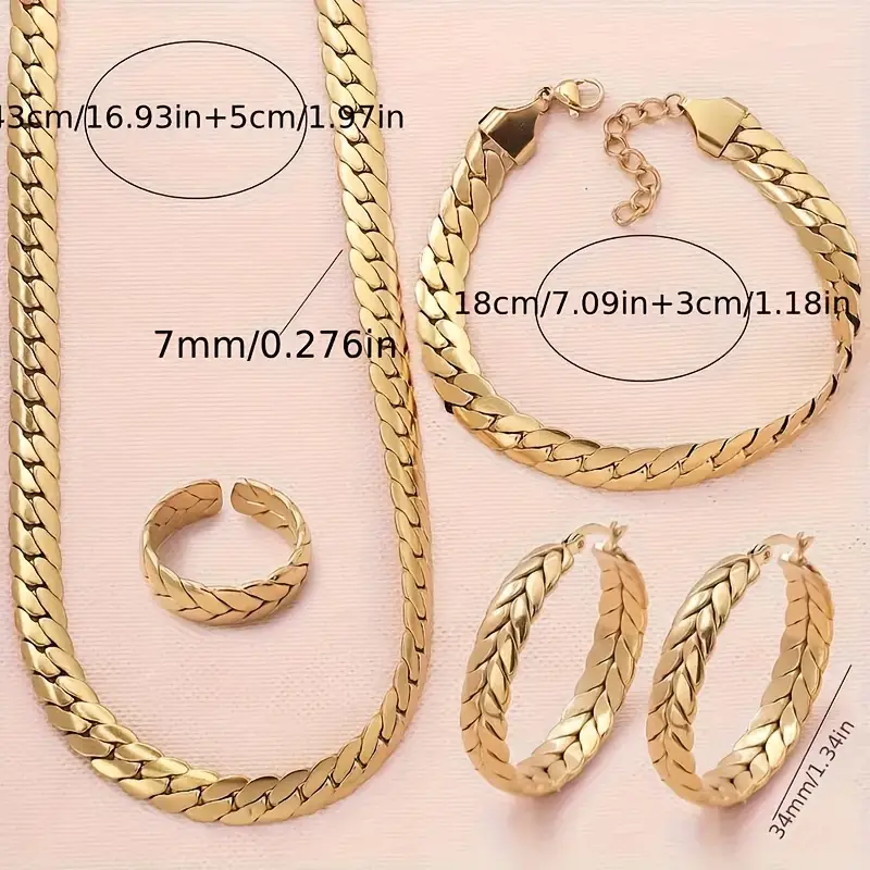 4件/套金项链耳环手镯戒指,时尚古巴蛇骨链不锈钢首饰套装男士 详情 0