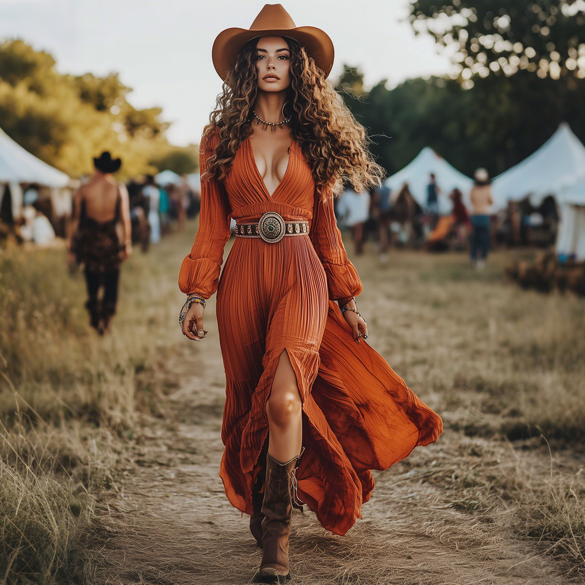 Western Retro Orange Textured Pleated Slit Long Sleeve Slit Maxi Dress