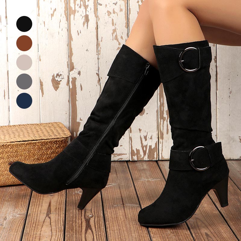 Botas de senhora de cano alto com bico redondo franzido