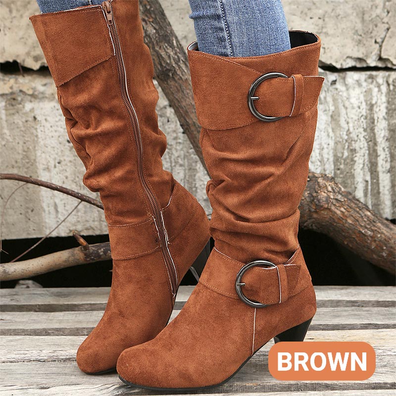 Botas de senhora de cano alto com bico redondo franzido