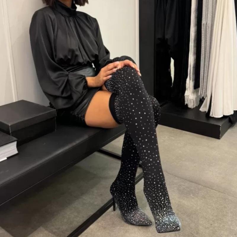 【✨Novos produtos 2025】👢Botas de senhora brilhantes acima do joelho com diamantes artificiais
