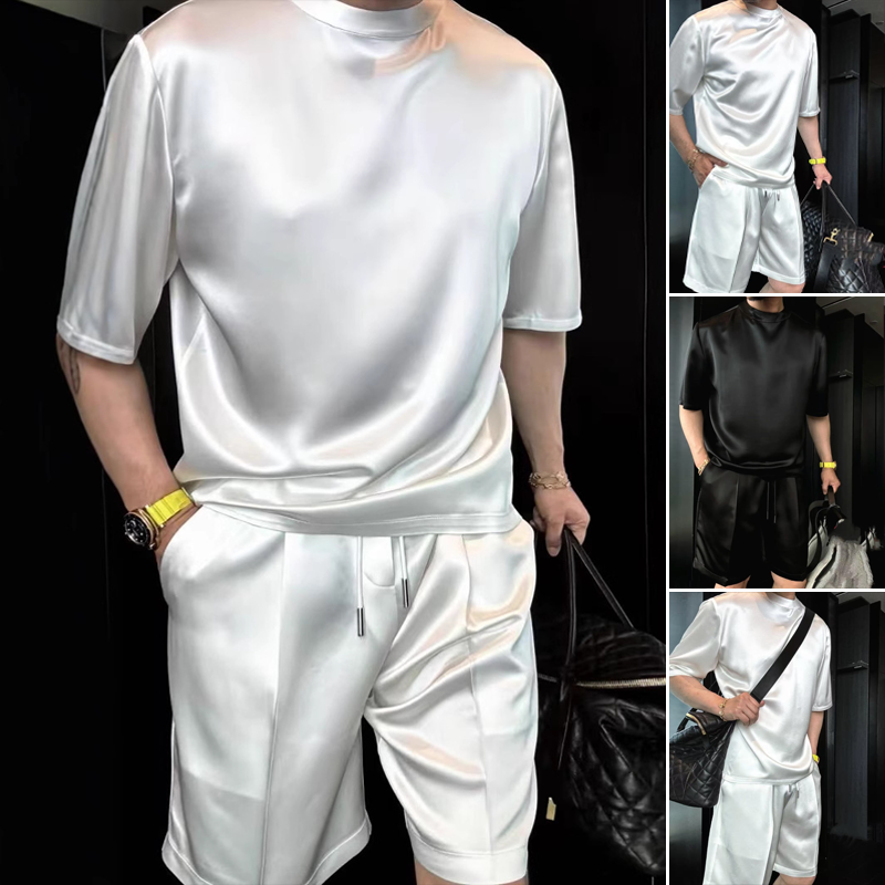 🏆Promoção relâmpago⚡🔥Conjunto de duas peças de blusa e calções casuais de algodão mercerizado para homem de alta qualidade em cor sólida【Caimento solto, adequado para todas as ocasiões】