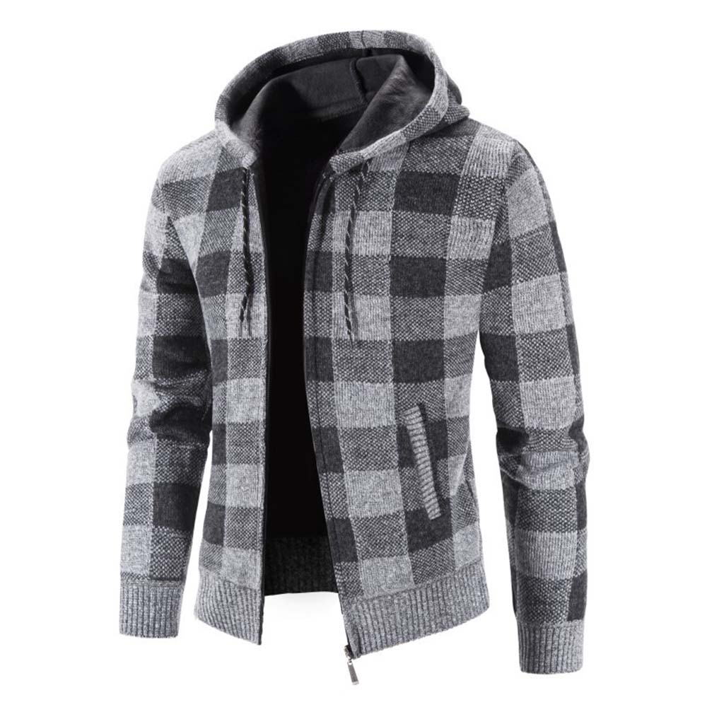Diggetty Men's thickened plaid hooded cardigan sweater jacket