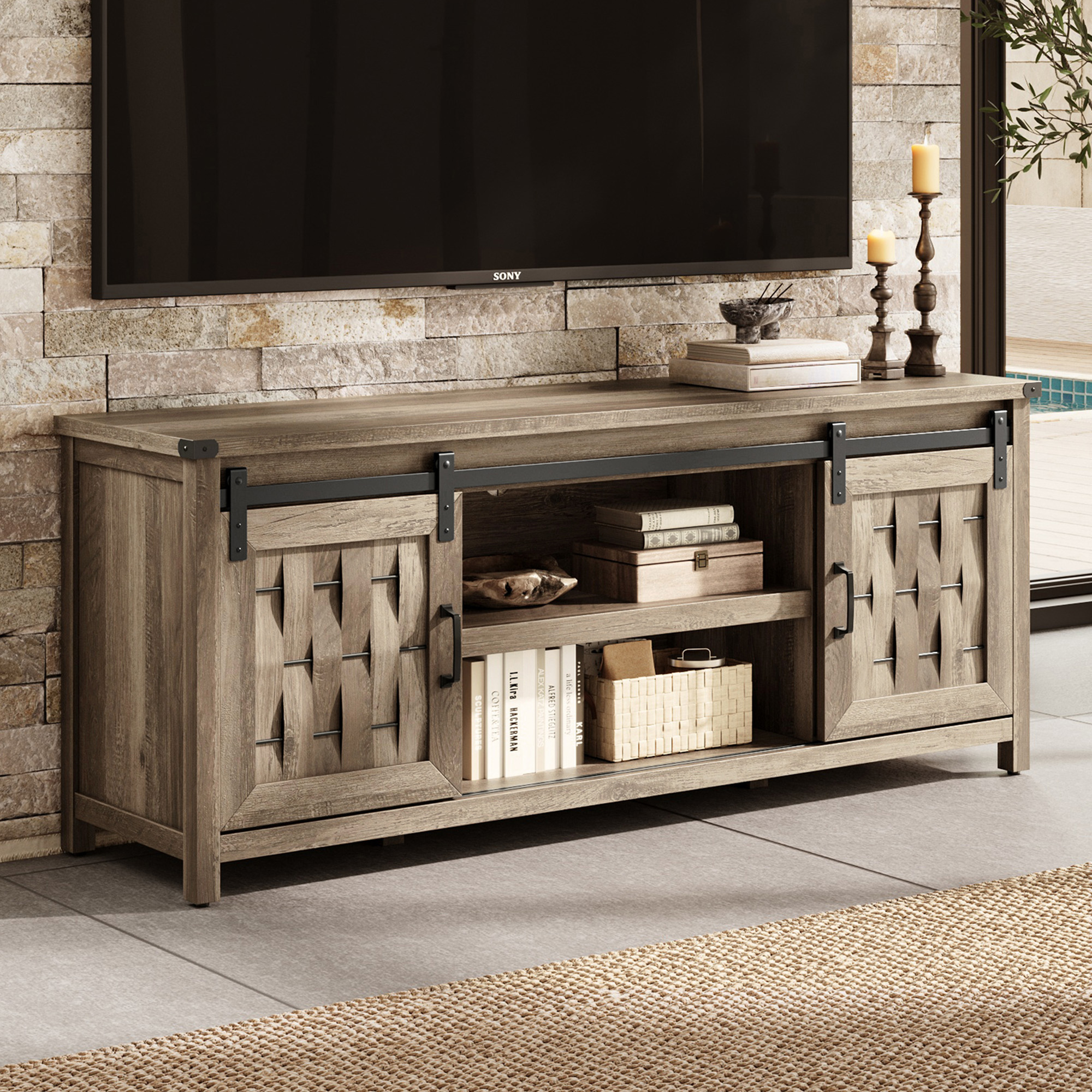Farmhouse TV Stand for 65 inch TV, Entertainment Center with Storage Cabinets and 2 Sliding Barn Doors