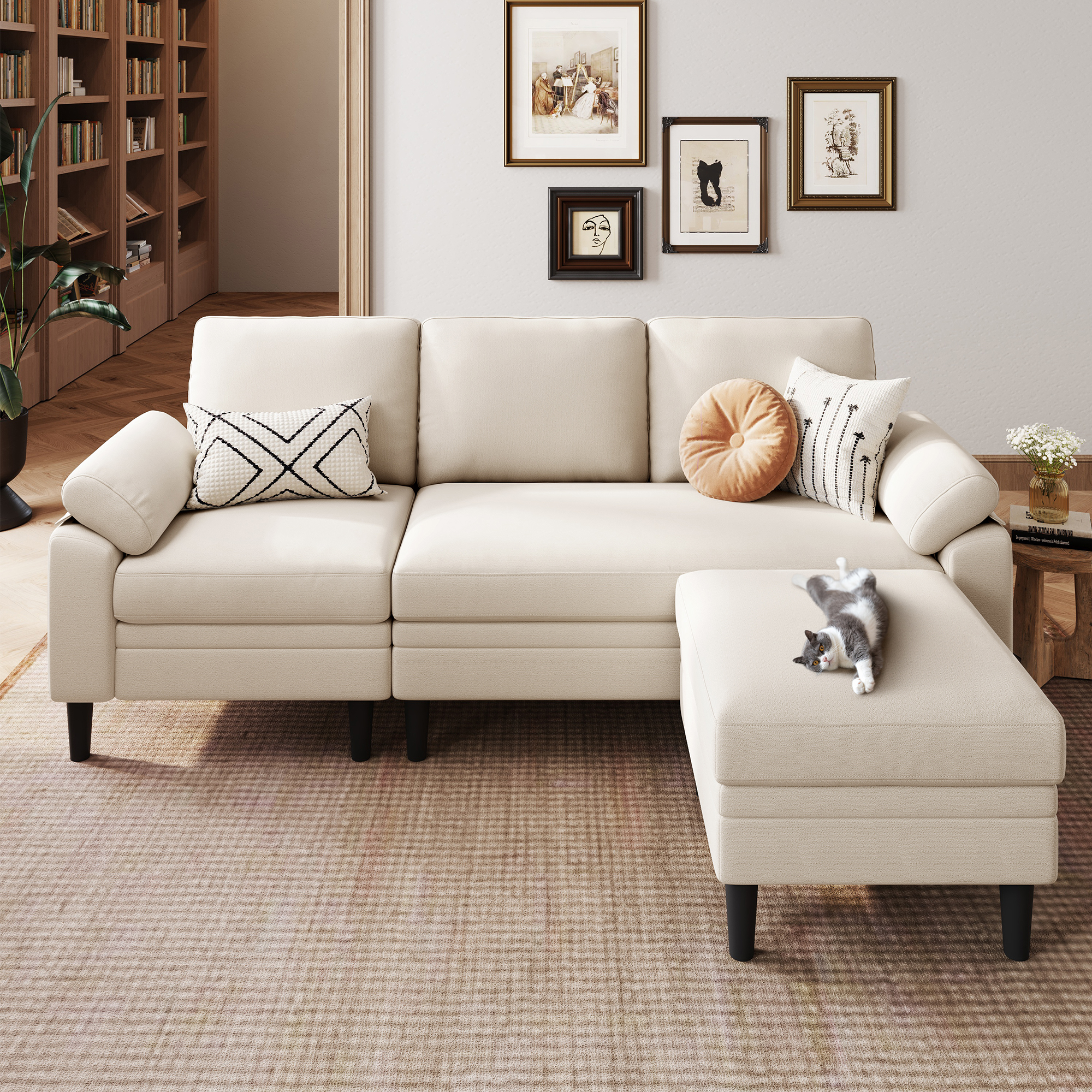 82" Reversible L-Shaped Sectional Sofa with Movable Ottoman, 3-Seater Couch for Living Room