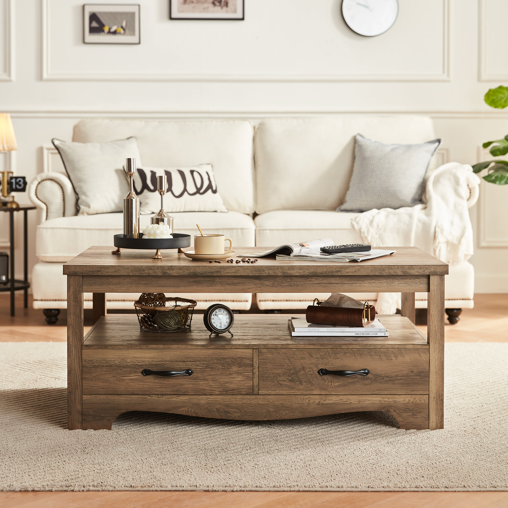 Coffee Table with Storage Drawers, Wooden Farmhouse TV Stand Center Table for Living Room, Oak White