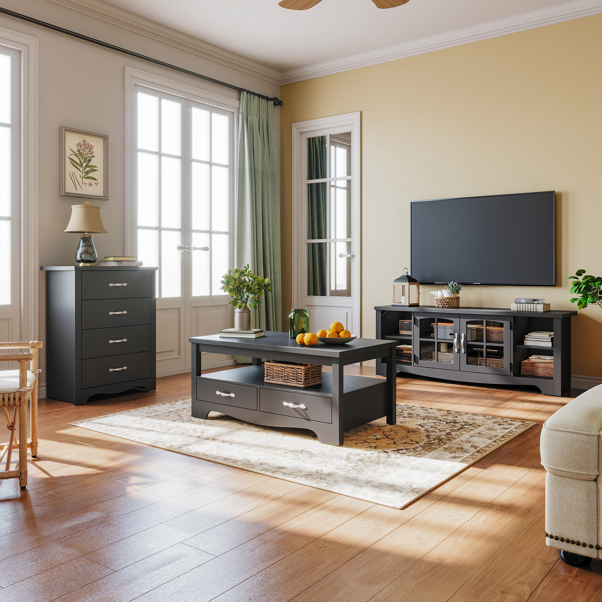 Coffee Table with Storage Drawers, Wooden TV Stand Center Table