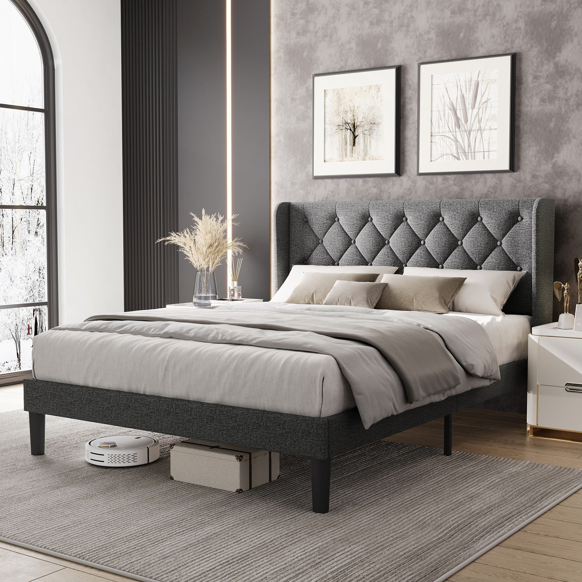 LINSY LIVING Full Size Platform Bed Frame with Linen Upholstered Headboard,NO Box Spring Needed,Dark Grey