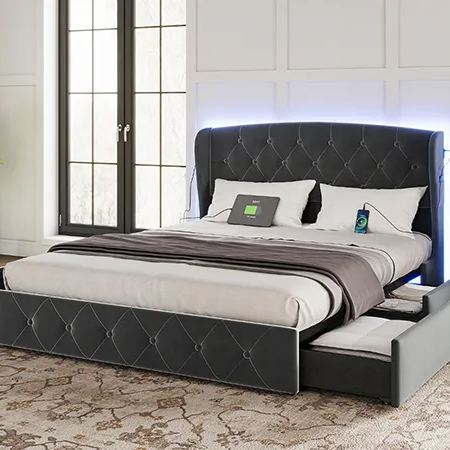 LINSY LIVING Full Size Bed Frame with 4 Drawers & Headboard