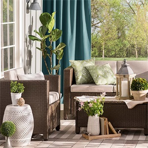 Snowcity outdoor curtains beside patio seating for measuring width and height