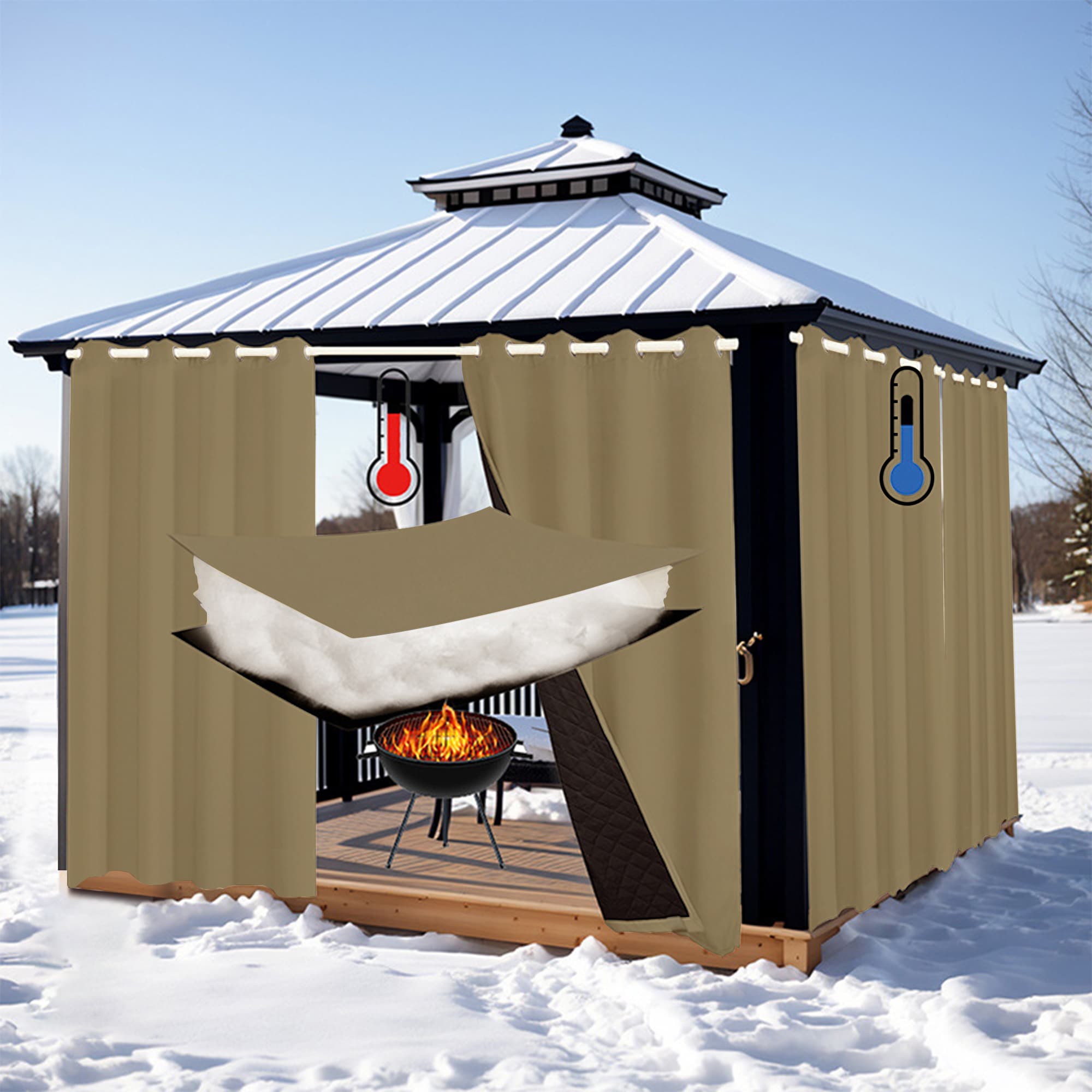 Beige curtain panels enclosing a gazebo in a snowy setting
