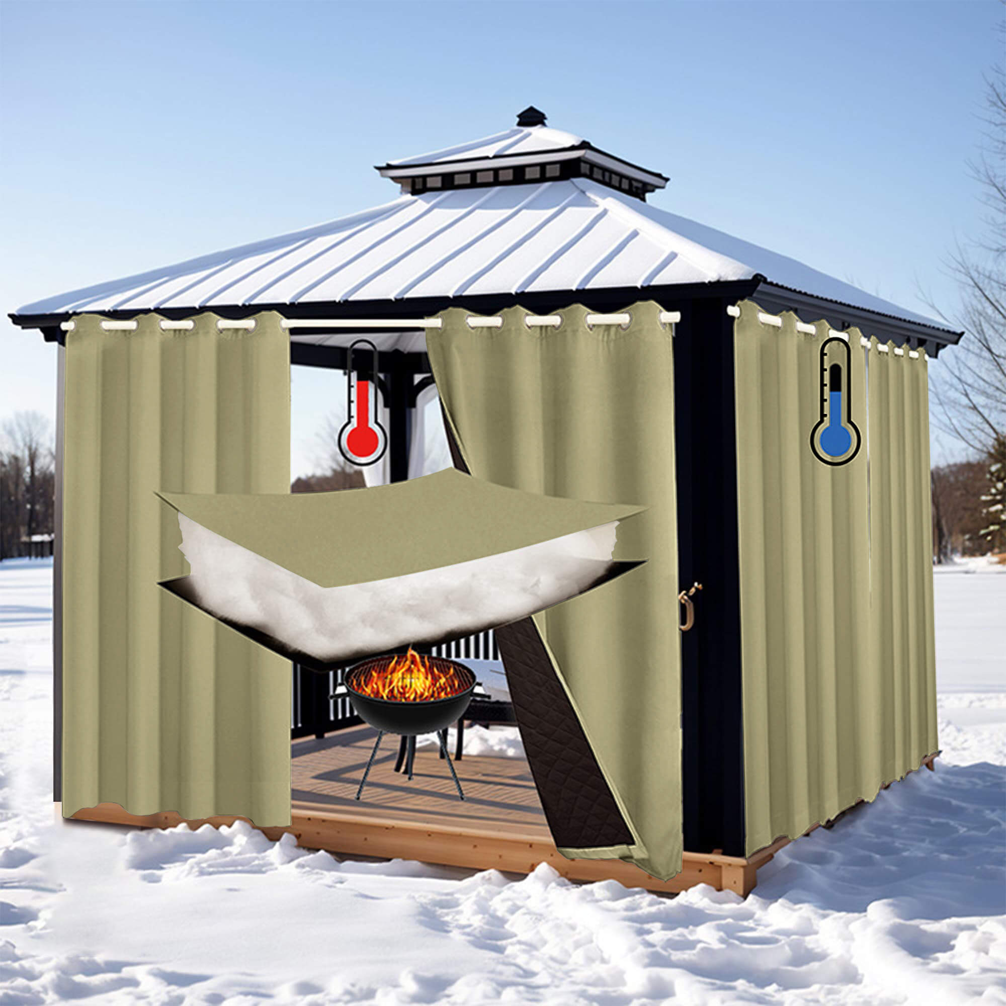 Insulated Outdoor Curtains for Winter - Olive Khaki