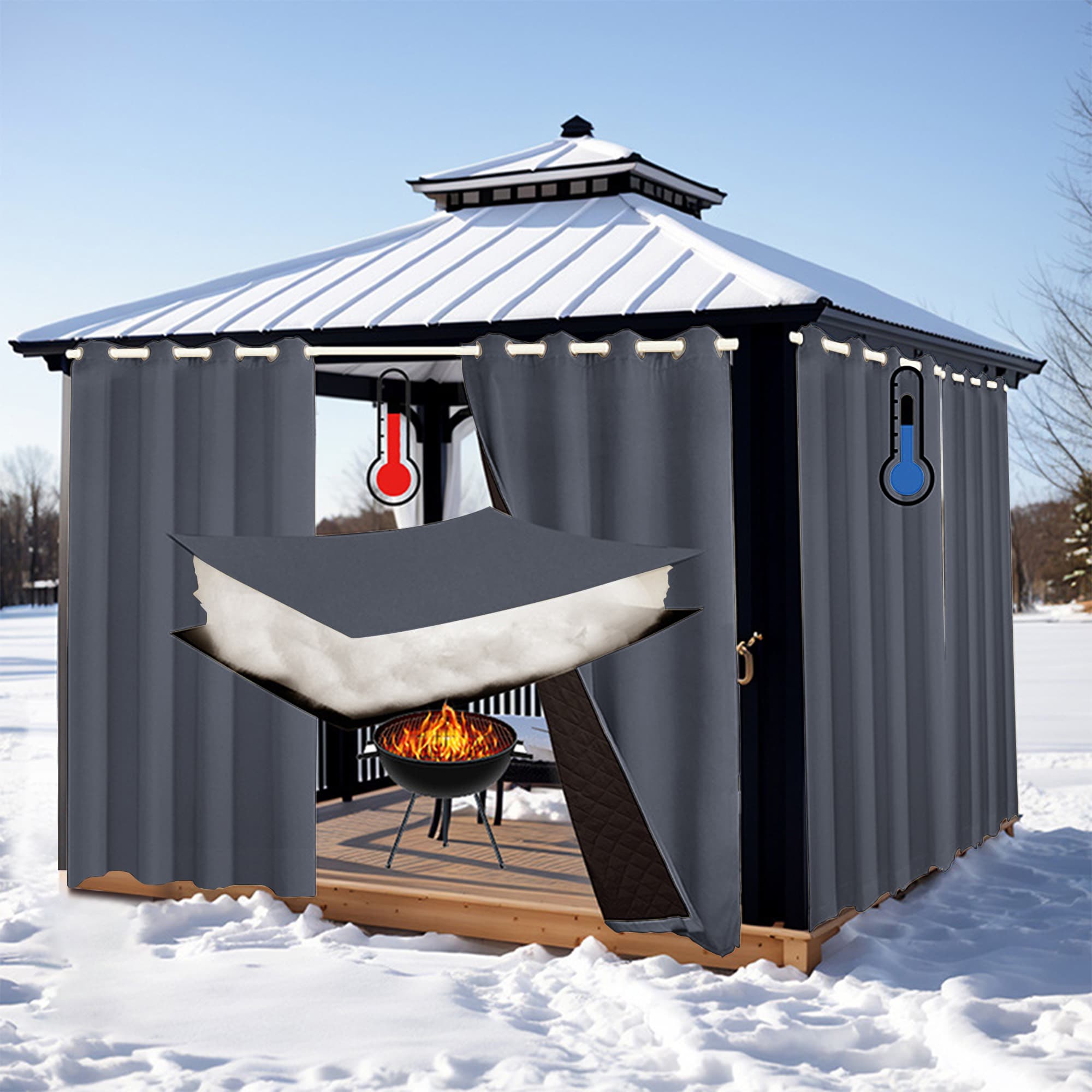 Insulated outdoor curtains arranged around a gazebo opening for winter