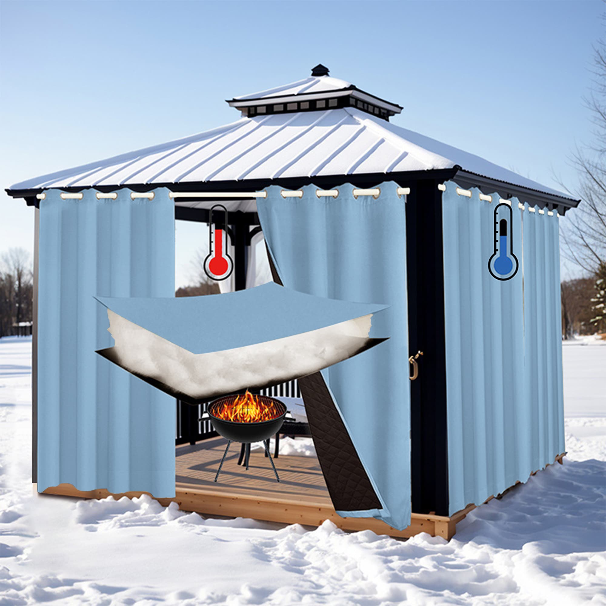 Insulated curtains installed around a 10x12 gazebo for winter planning