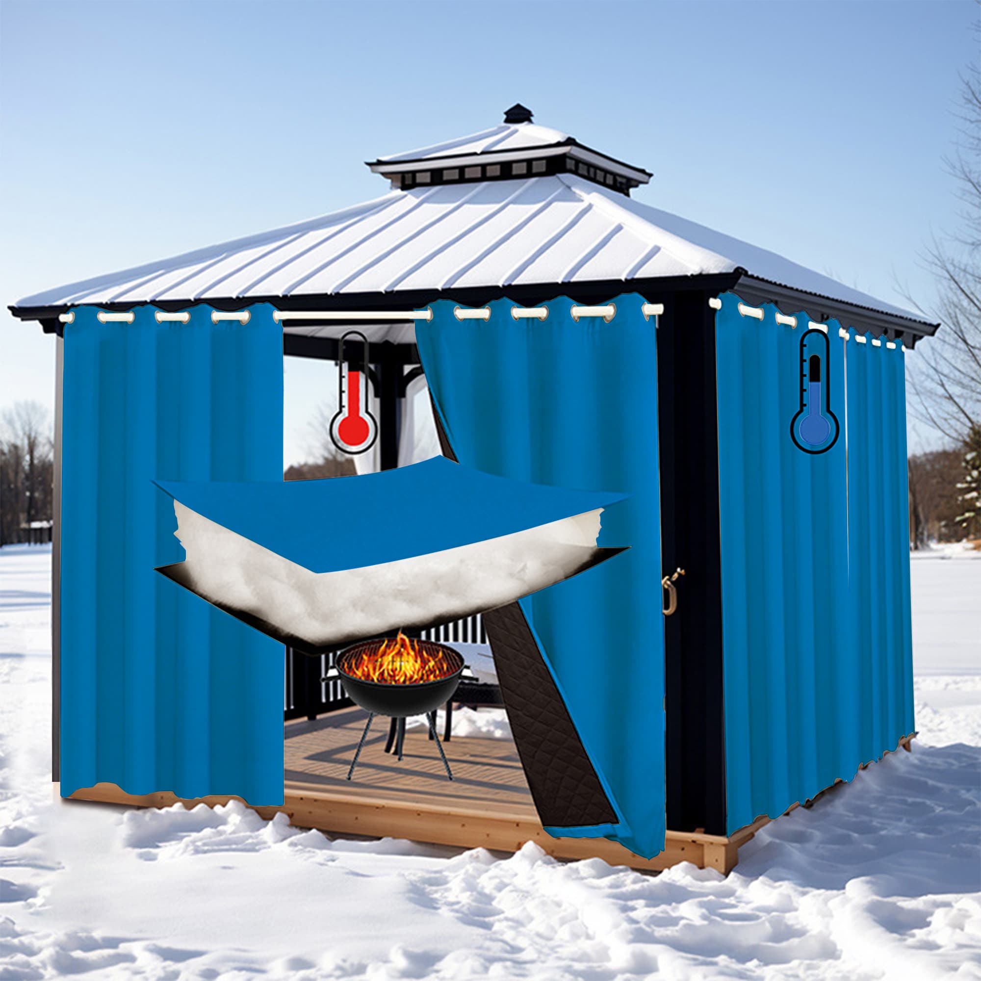 Blue insulated outdoor curtains hanging on a snow-covered gazebo