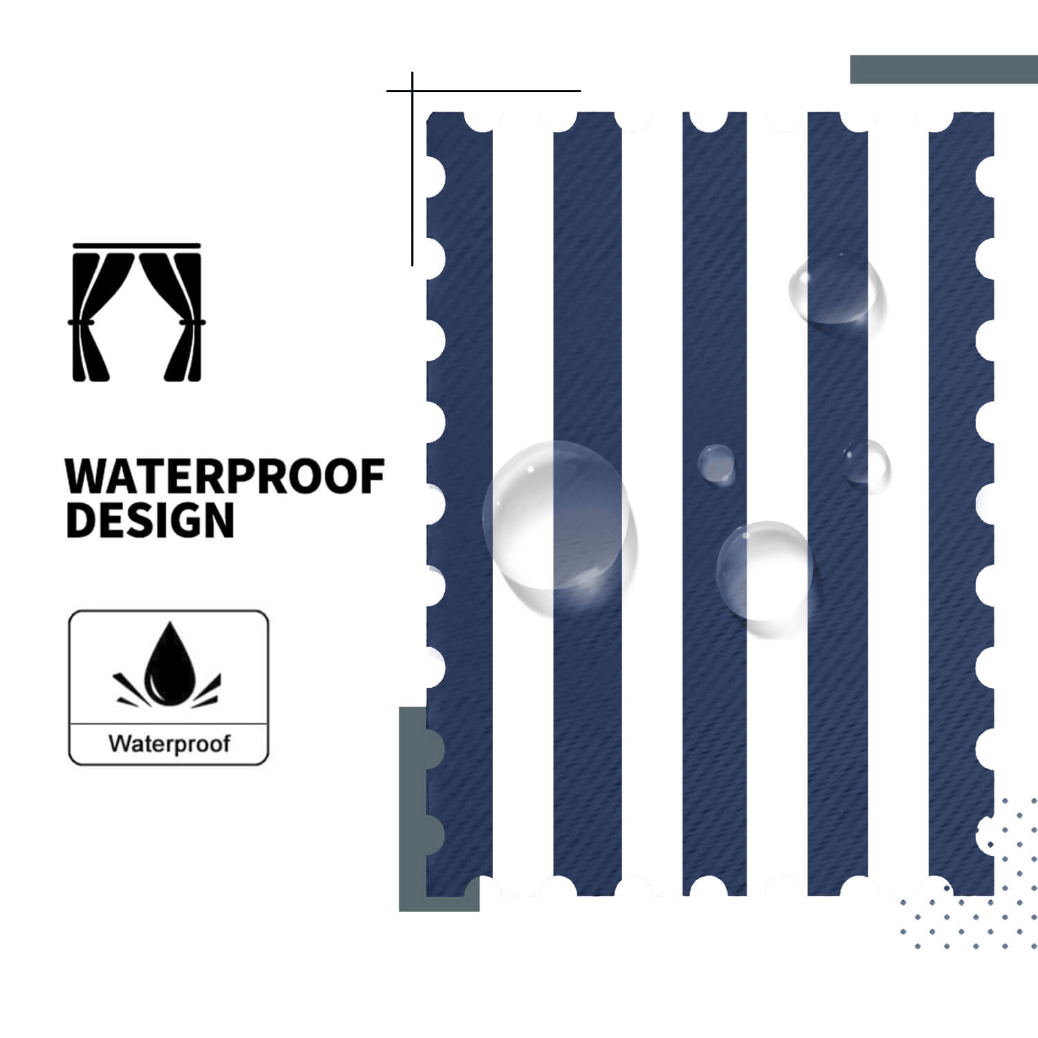 Navy Blue Stripe Curtains/Drapes 1 Panel | Waterproof Curtains Grommet Top & Bottom | Custom Outdoor Curtains