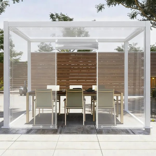 Clear vinyl curtain panel prepared for a winter outdoor opening